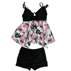 Summer Mae Women's Two Piece Swimdress Tankini Black Top Flowy Hem Size Medium